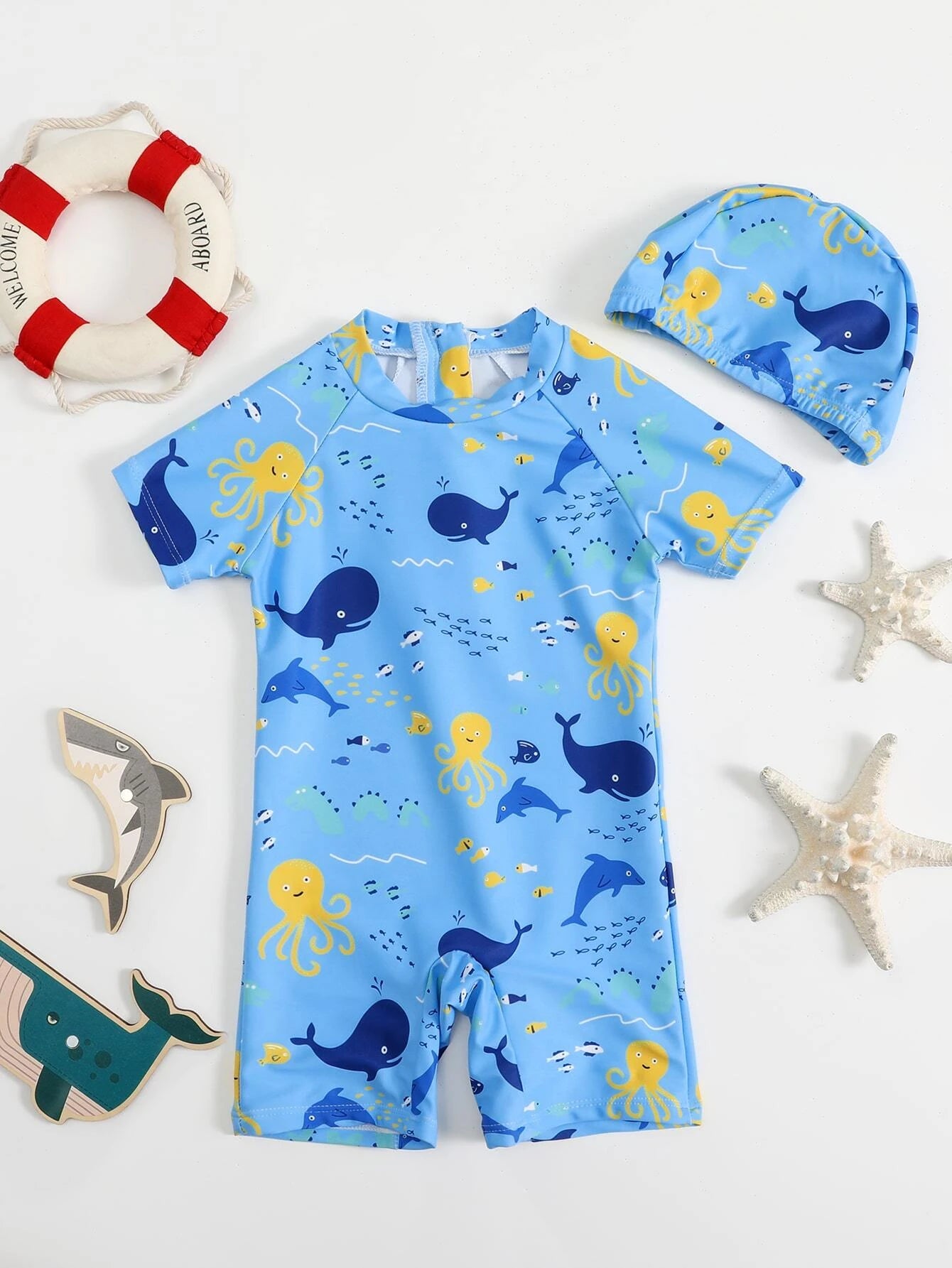 Whale Print One Piece Swimsuit With Cap