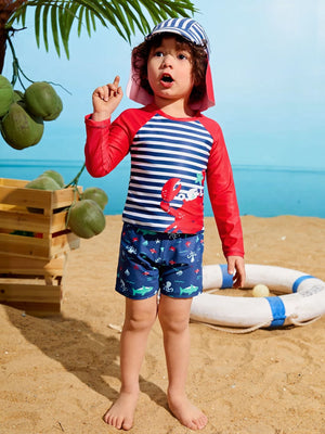 Toddler 3 Pack Crab Print Swimsuit & Cap