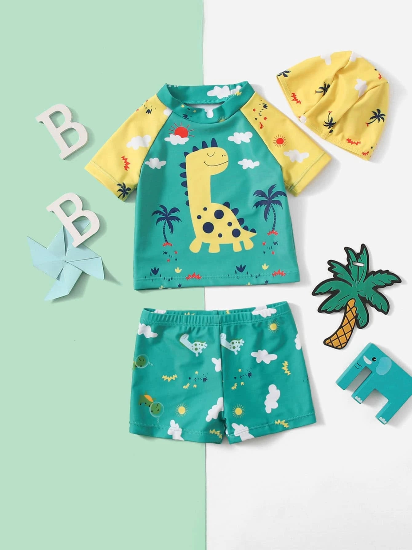 Infant 3 pack Dinosaur Print Short Sleeve Swimsuit With Hat
