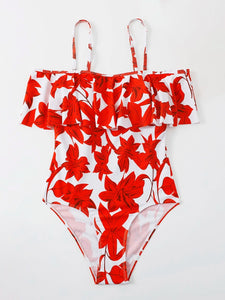 Red Floral Ruffle Trim One Piece Swimsuit