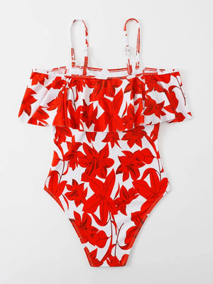Red Floral Ruffle Trim One Piece Swimsuit