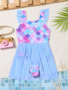 Mermaid Print Contrast Mesh Hem One Piece Swimsuit