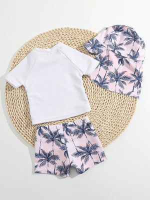 Infant 3 Pack Palm Tropical Print Swimsuit With Cap