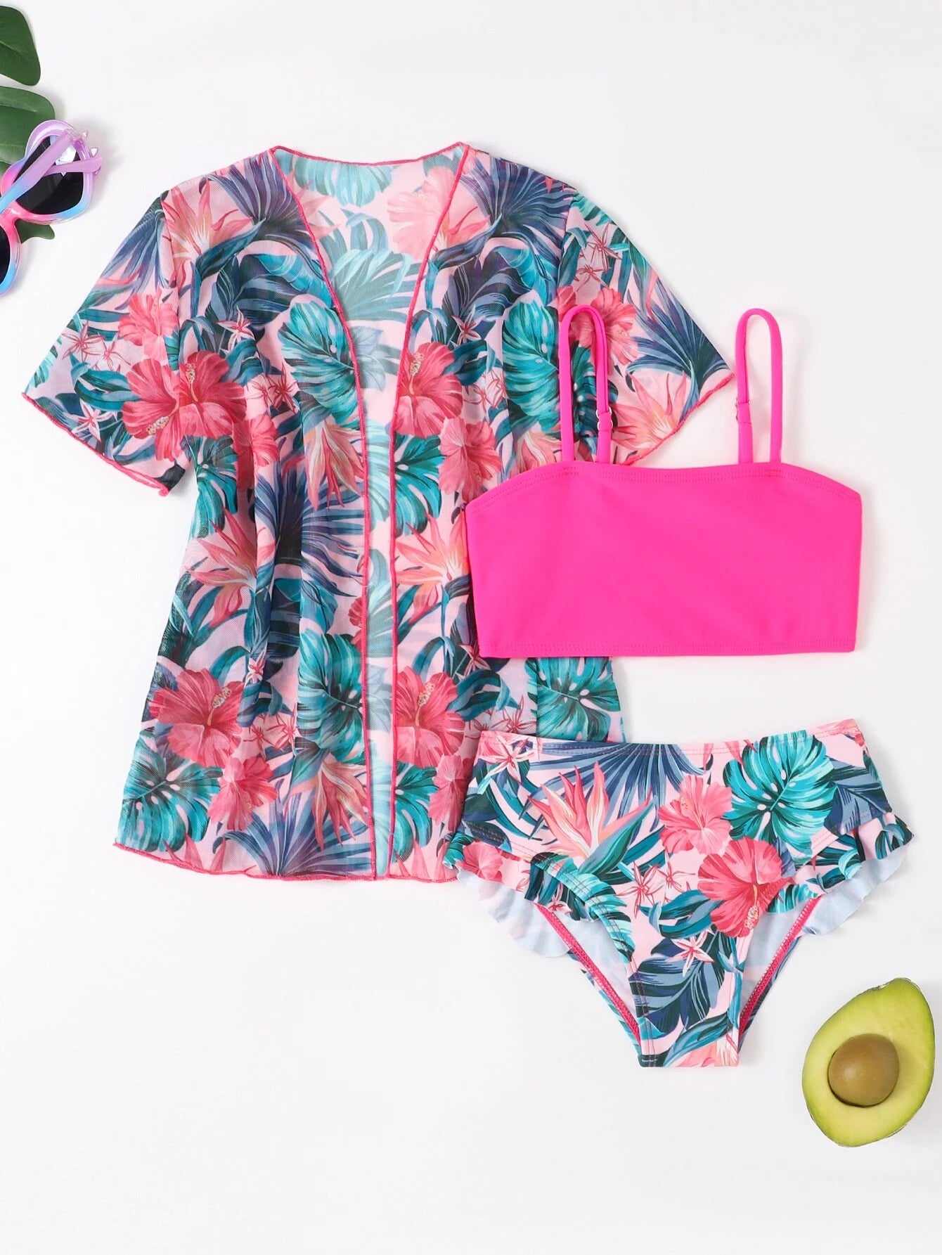 Kids 3 Pack Neon Pink Tropical Ruffle Trim Bikini & Kimono Set