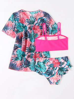 Kids 3 Pack Neon Pink Tropical Ruffle Trim Bikini & Kimono Set