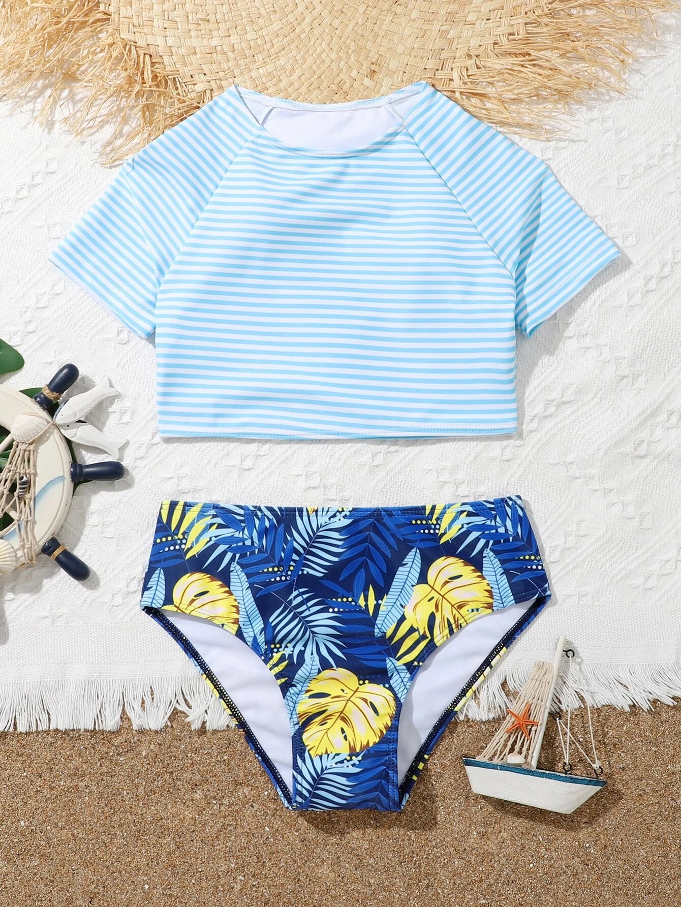 Girls Striped & Tropical Print High Neck Bikini