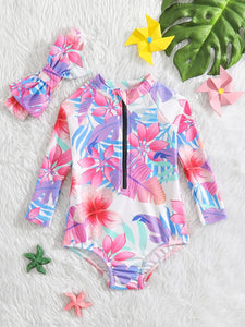 Baby Tropical Print Zipper Front One Piece Swimsuit With Headband