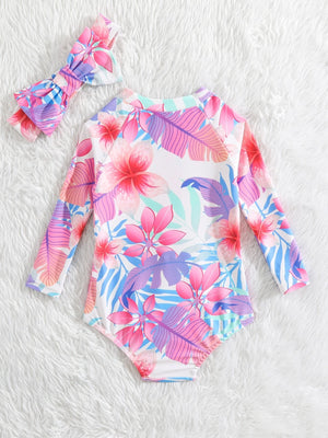 Baby Tropical Print Zipper Front One Piece Swimsuit With Headband