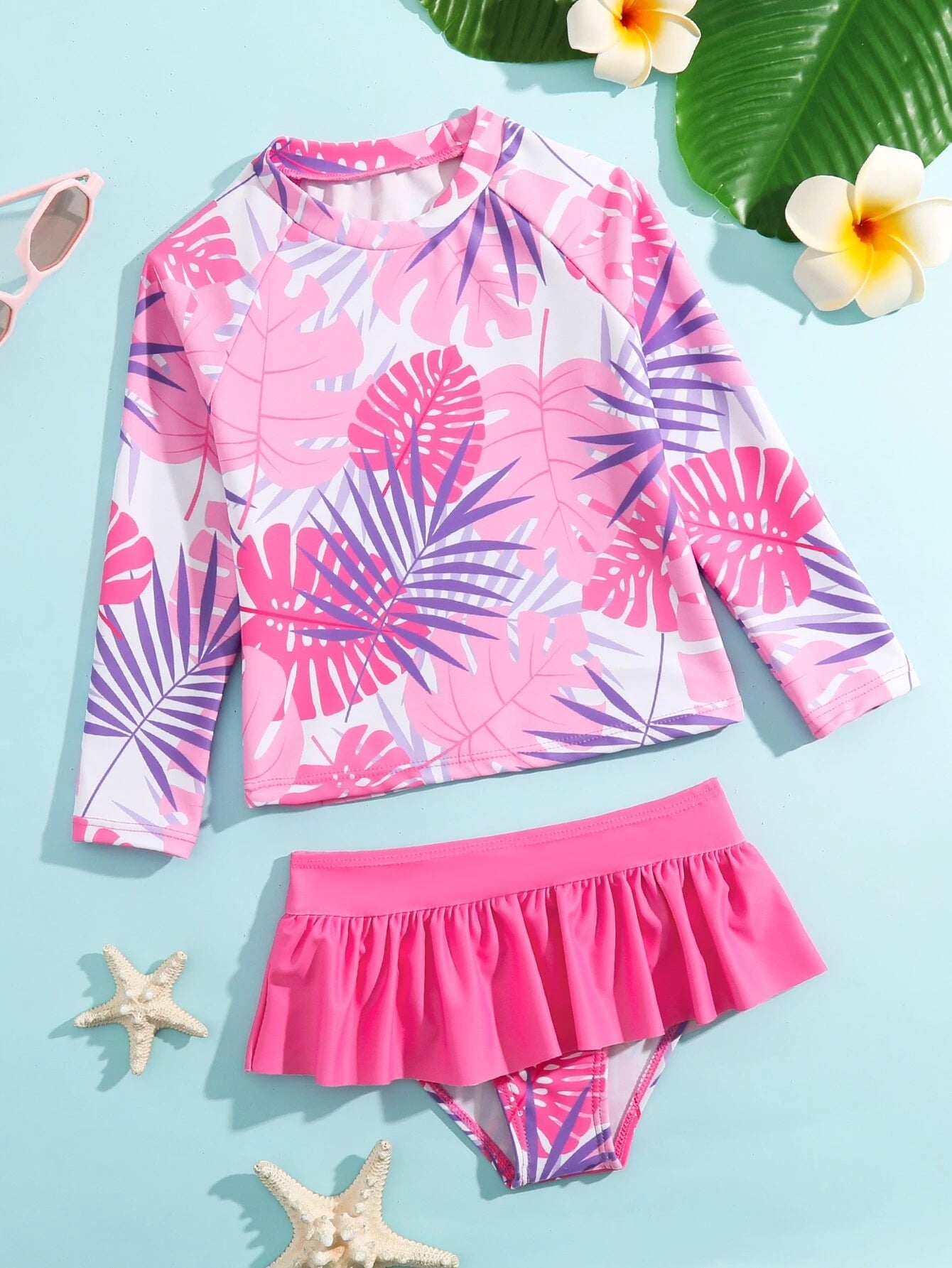 Tropical Print Ruffle Long Sleeve Bikini
