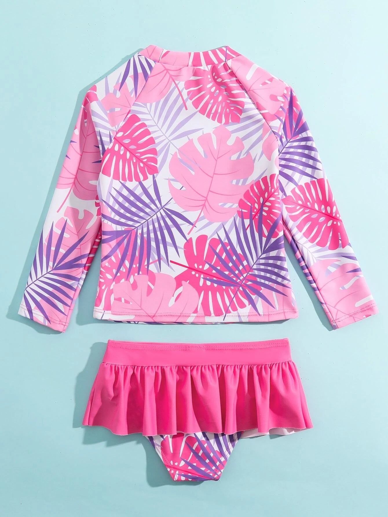 Tropical Print Ruffle Long Sleeve Bikini