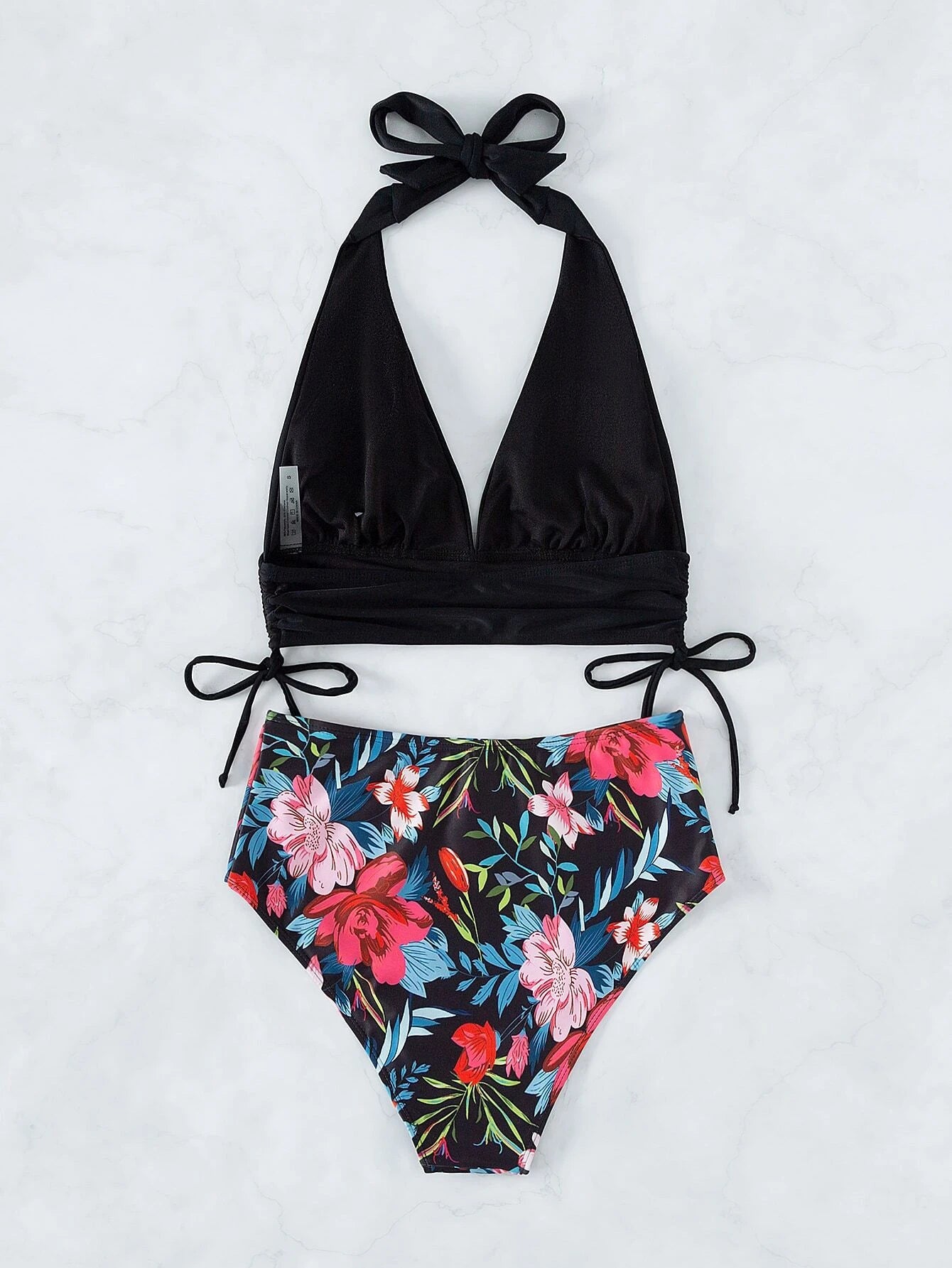 Floral Print Drawstring Side Halter Bikini Swimsuit