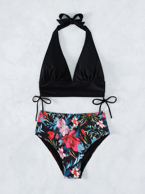 Floral Print Drawstring Side Halter Bikini Swimsuit