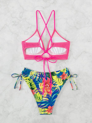 Neon Pink Lace Up Crinkle & Tropical Bikini Set