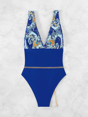 Paisley & Block Ruched One Piece With Detachable Chain