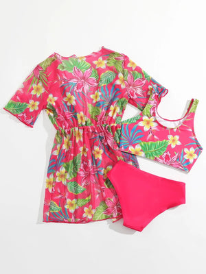 Kids 3pack Pink Tropical Print Bikini & Kimono