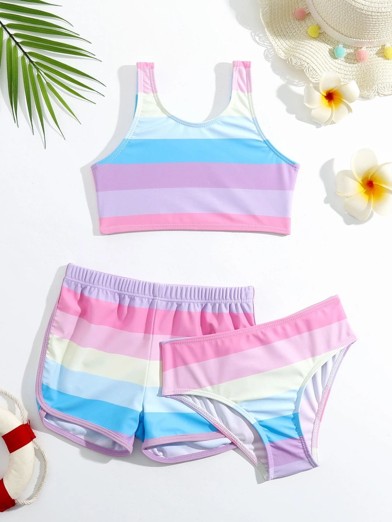 Kids 3 Pack Colorblock Striped Bikini Set
