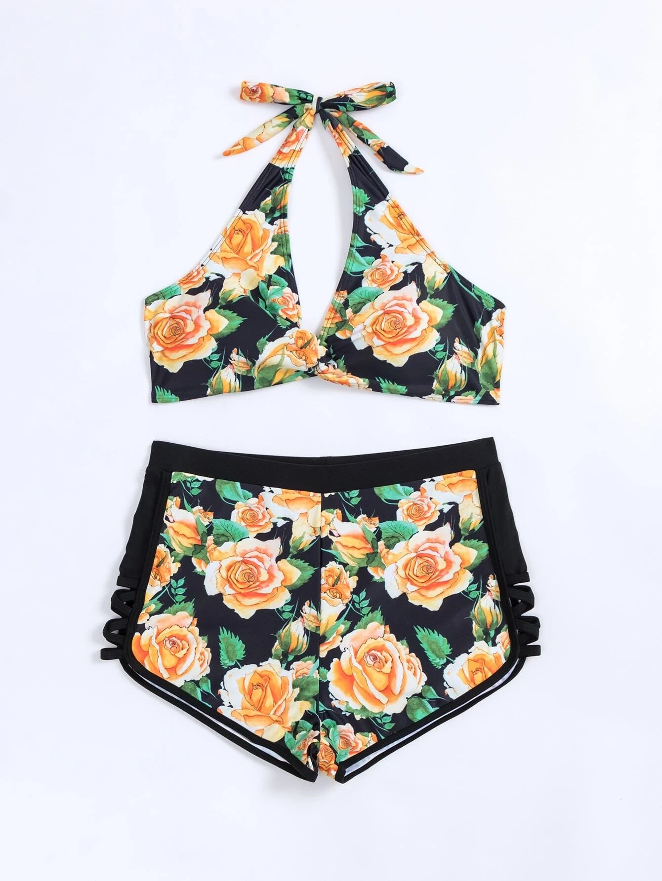 Rose Twist Halter Bikini Shorts Set