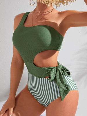 Olive & Stripe Textured Cut Out Tie Side One Piece Swimsuit