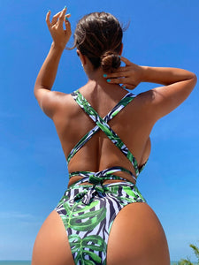 Tropical Plunging One Piece Swimsuit