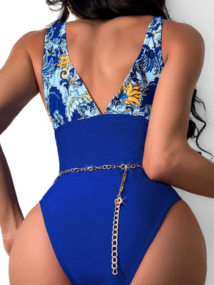 Paisley & Block Ruched One Piece With Detachable Chain
