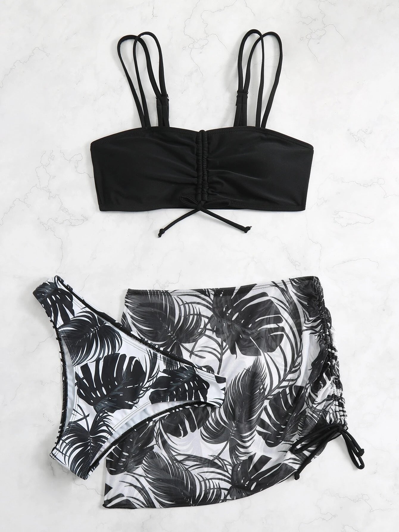 3 Pack Block & Leaf Print Drawstring Bikini With Beach Skirt