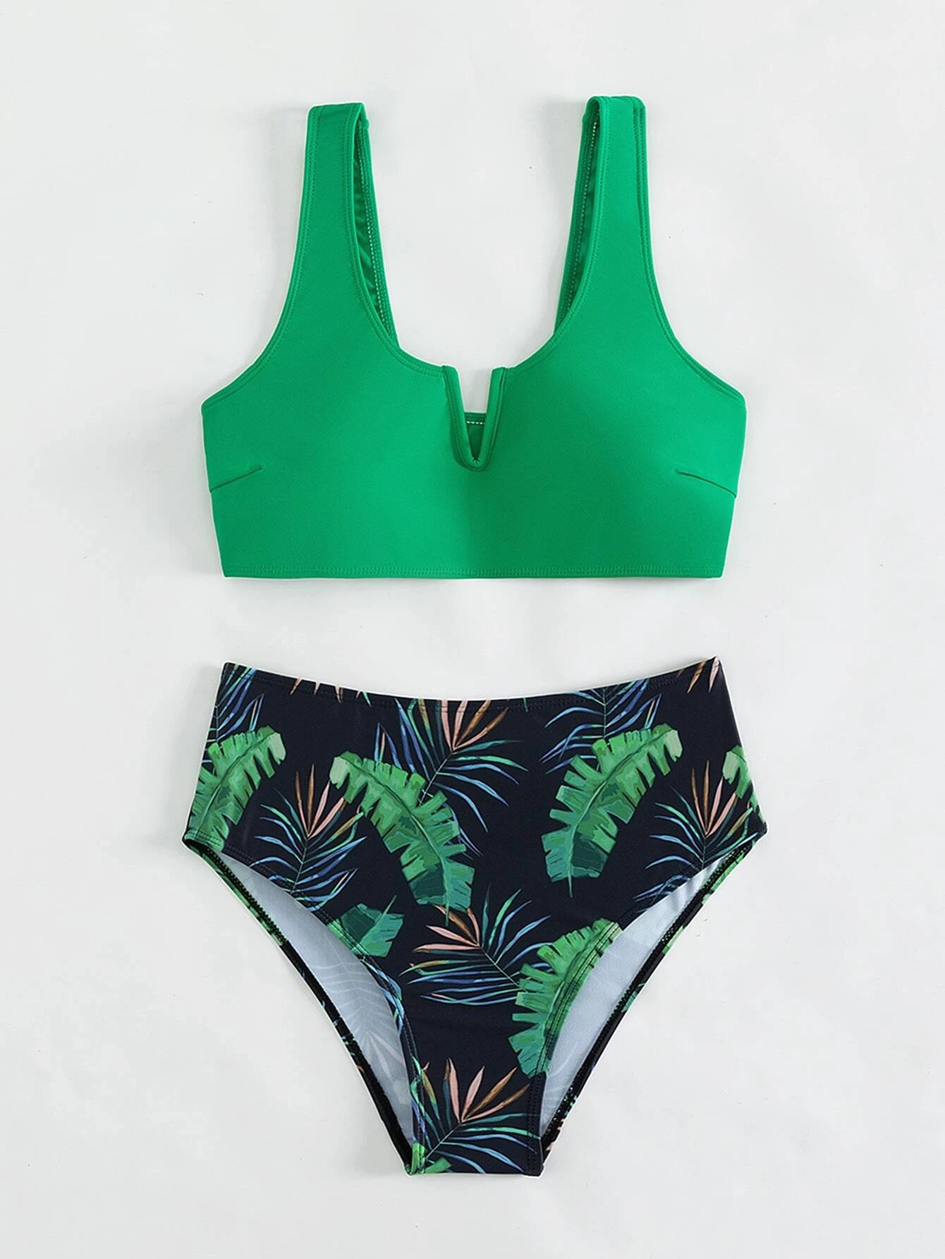 Green Block & Tropical Bikini Set