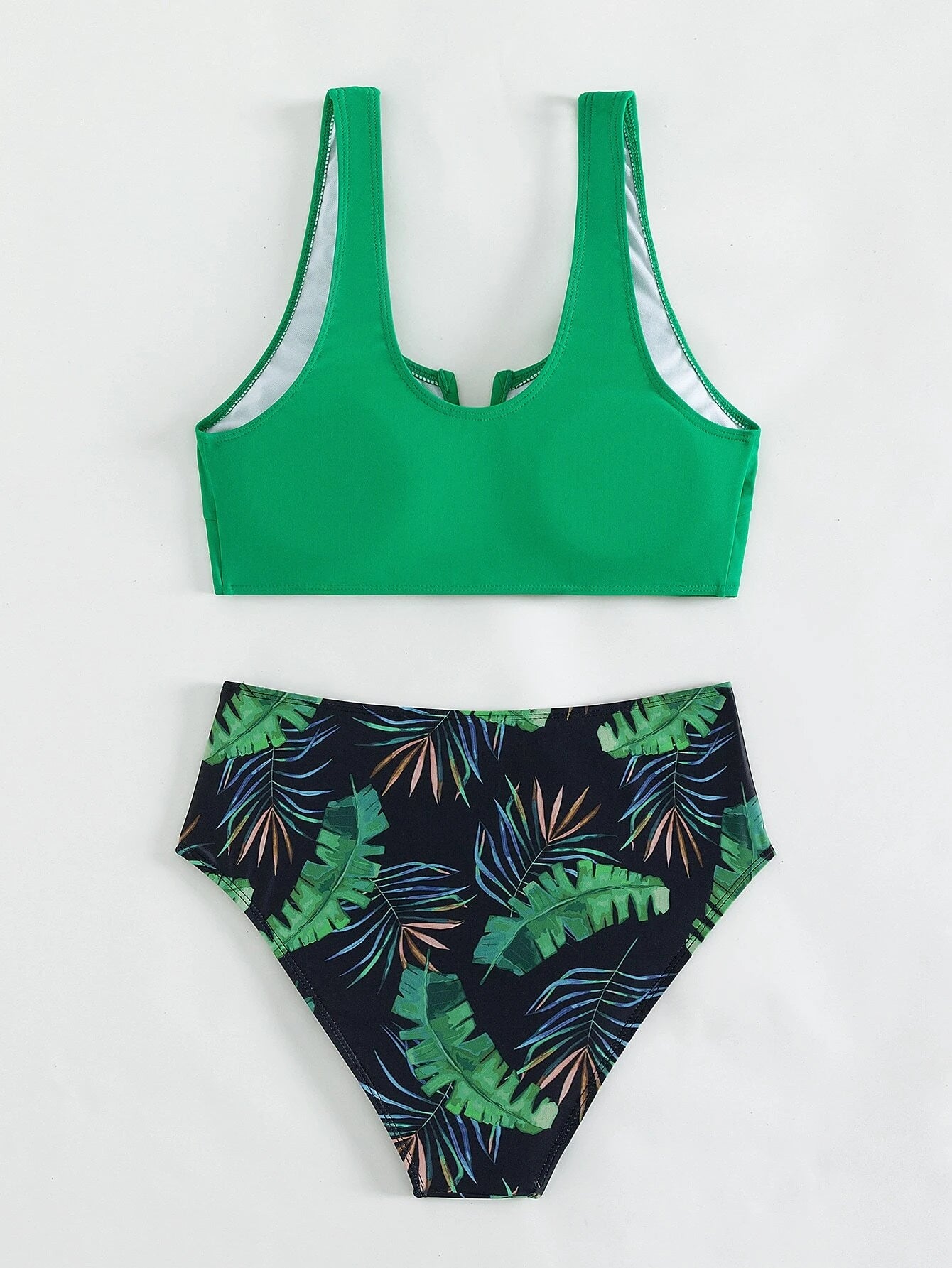 Green Block & Tropical Bikini Set