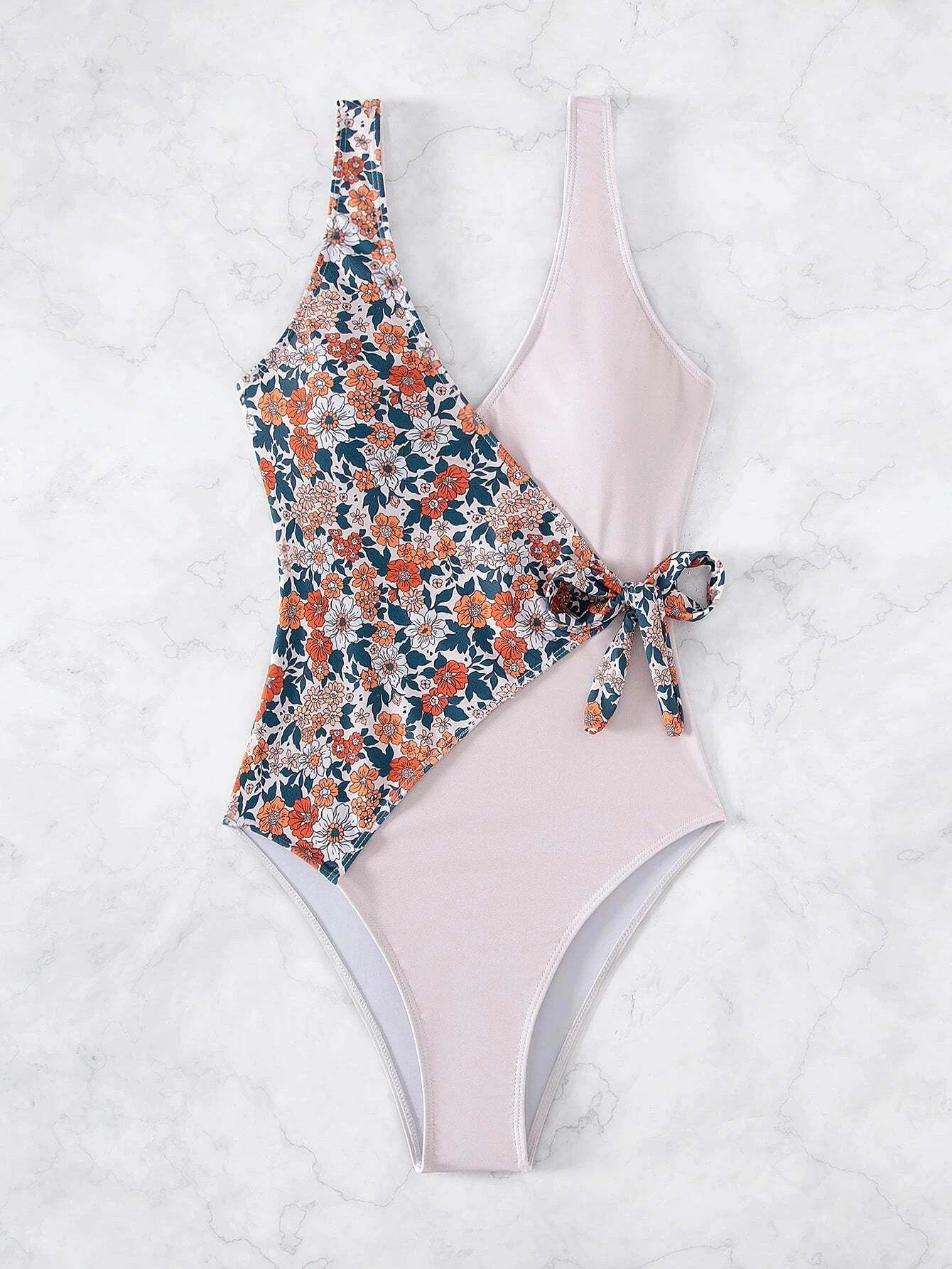 Block & Floral Knot Side One Piece Swimsuit