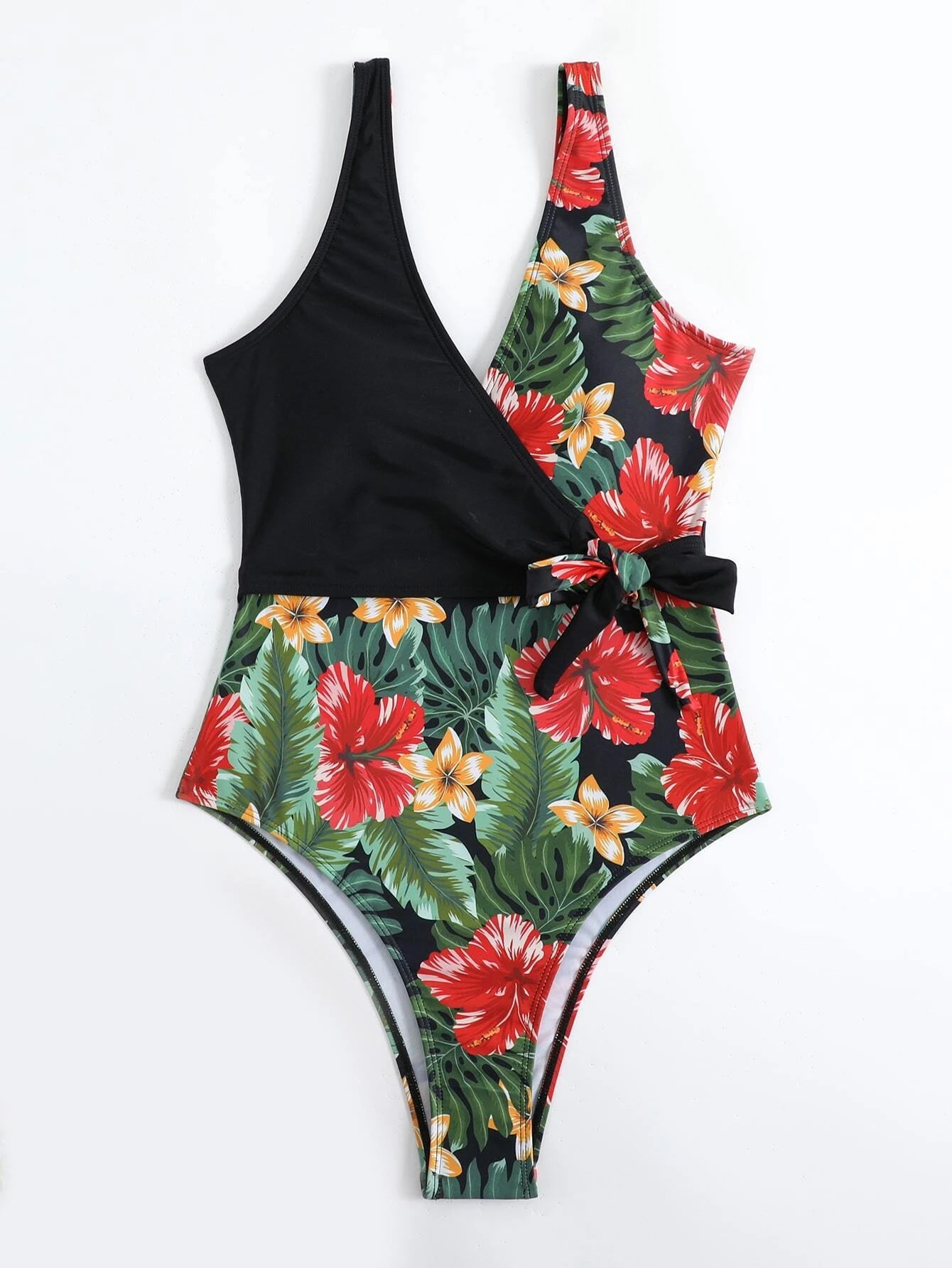 Tropical & Block Knot Front One Piece Swimsuit