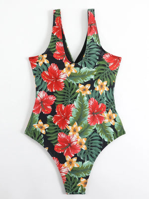 Tropical & Block Knot Front One Piece Swimsuit