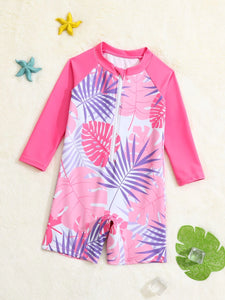 Baby Leaf Print Zipper Front One Piece Swimsuit
