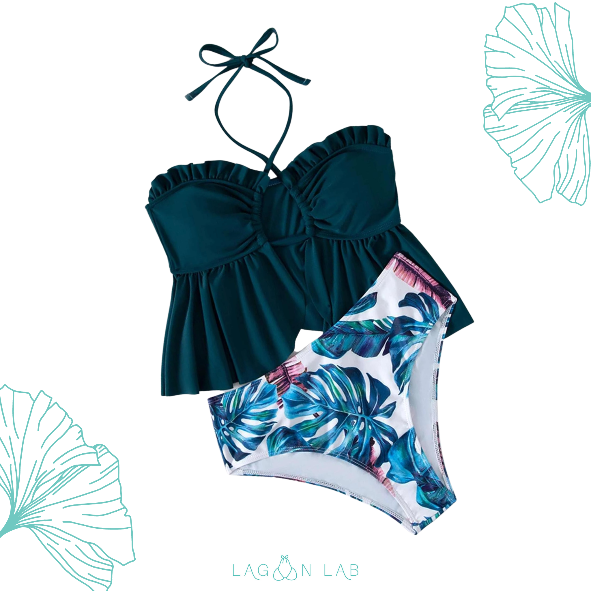 Teal Block & Tropical Cut Out Tankini