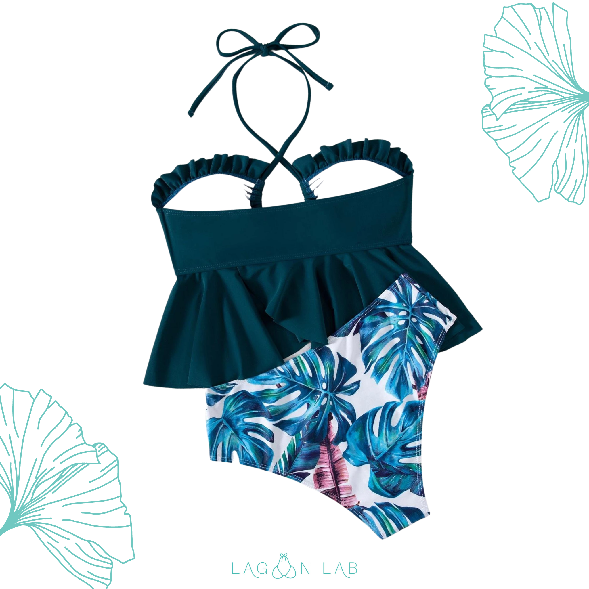 Teal Block & Tropical Cut Out Tankini