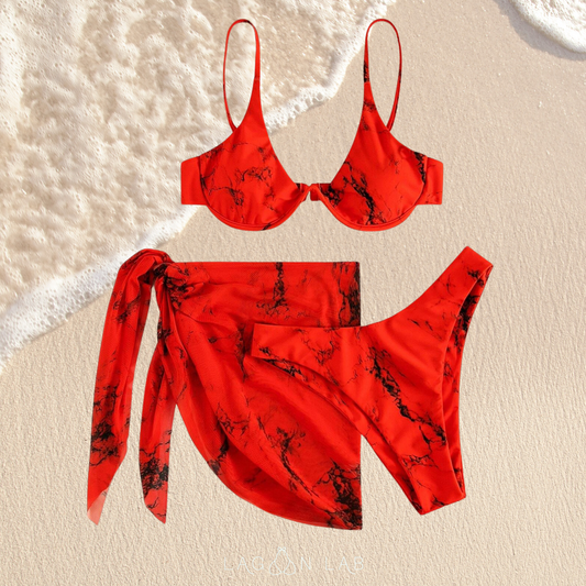 3 Pack Red Marble Bikini & Wrap Set