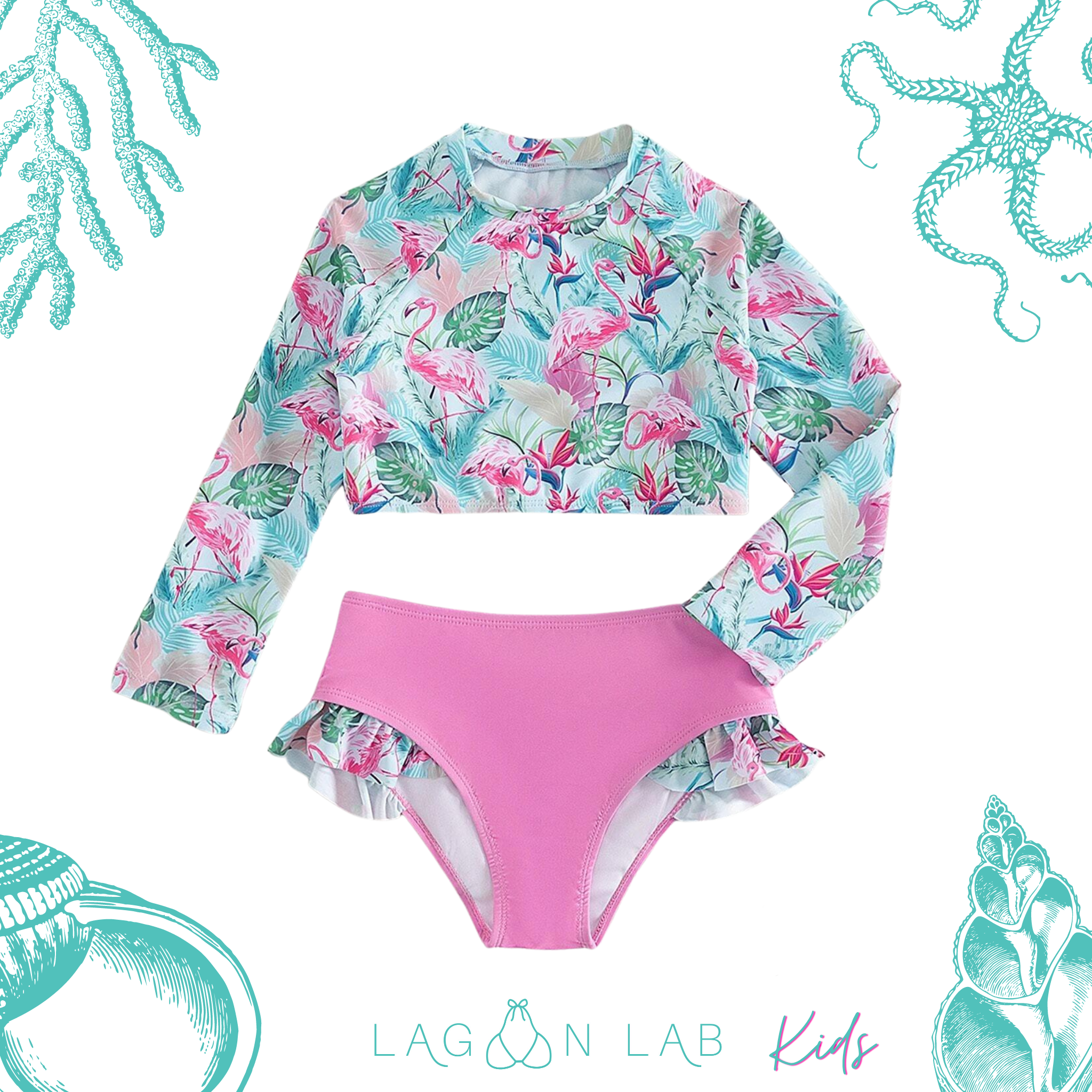 Flamingo & Tropical Ruffle Trim Full Sleeve Bikini